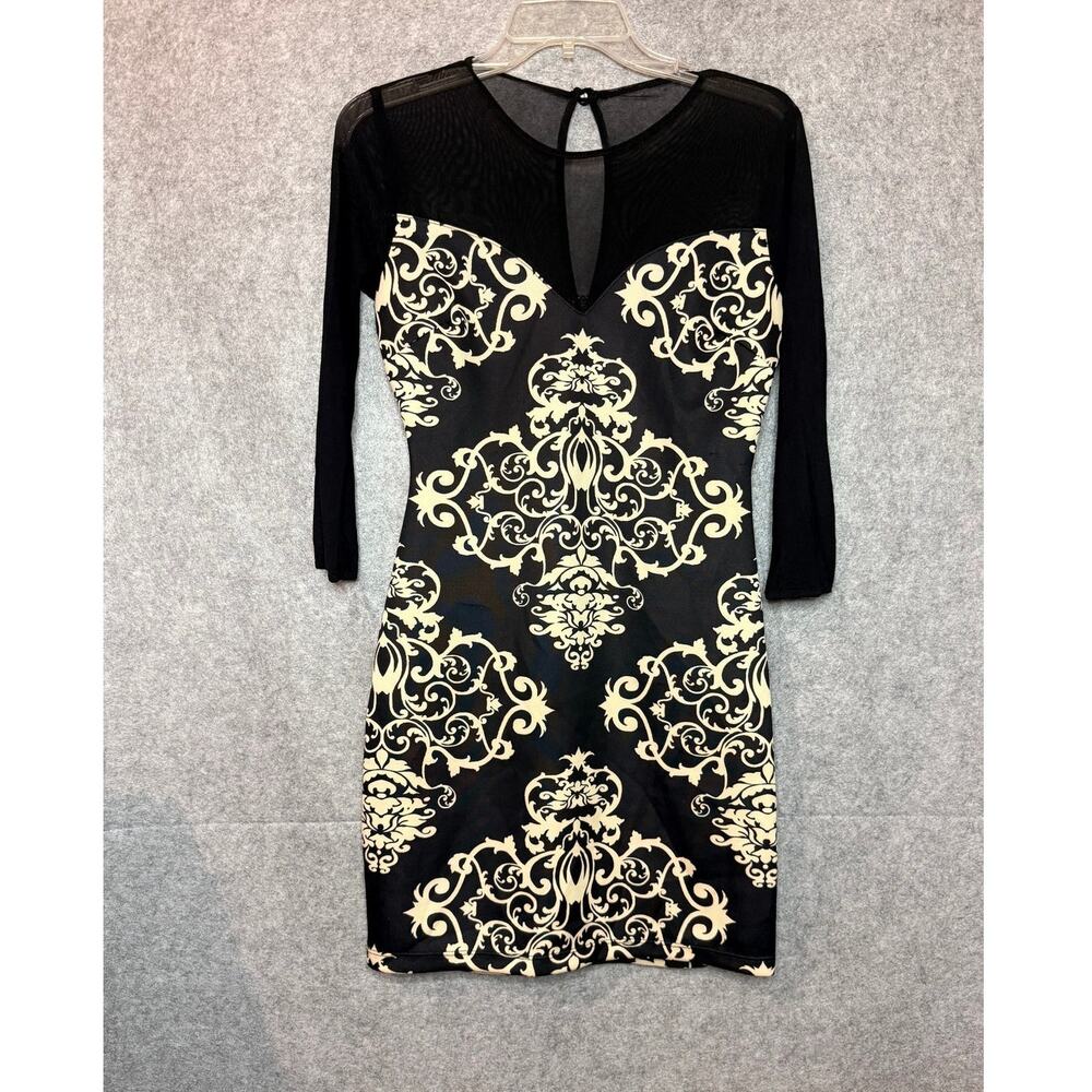 B Darlin Dress Womens 9/10 Black Ivory Damask Mesh Bodycon Cocktail Mini